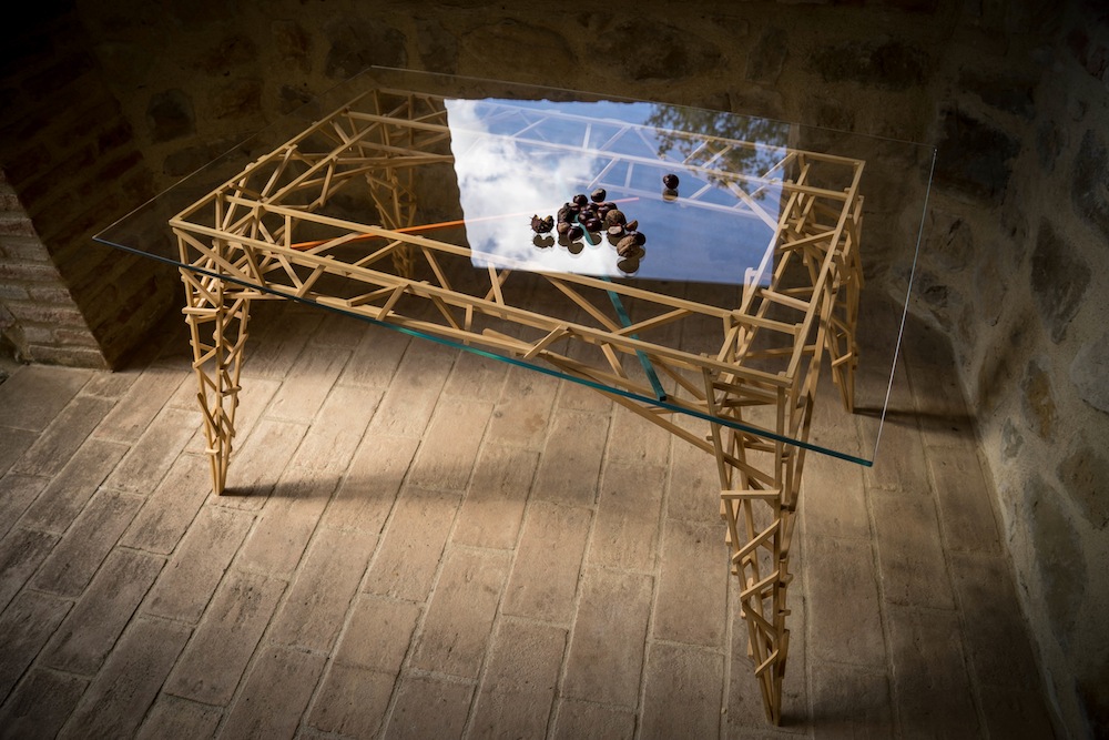 tavolo artigianale in legno top vetro